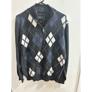 BKE Mens Argyle Quarter Zip Sweater Charcoal Blue White Large Mock Neck Knit